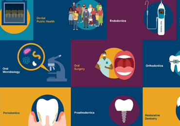 Illustrations of teeth, mouth, microscope, dental professional and gums