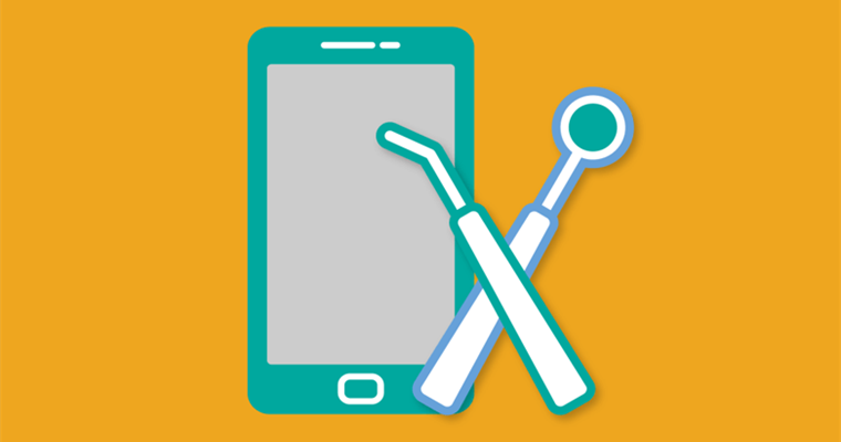 Illustration of a phone and two dental tools.