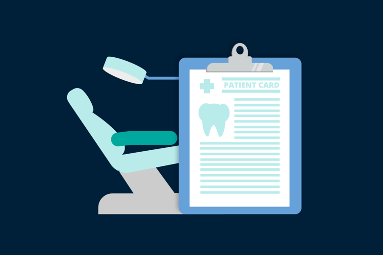 Illustration of dentist chair, light and patient info card