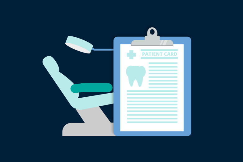 Theme two Dentist chair and patient card on a flip chart illustration