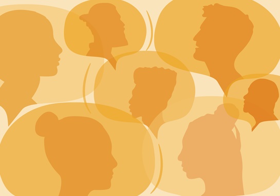Silhouettes of heads on yellow background